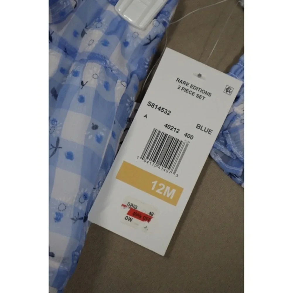 Rare Editions‎ Baby Girls Gingham Daisy Top and Shorts, 2 Piece Set - Blue - 12M